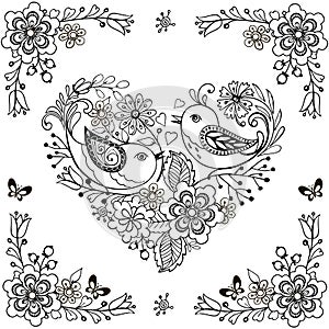 Hand drawn flowers and birds for the anti stress coloring page. Vector heart made of flowers and birds.