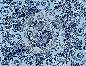 Hand drawn flowers on blue background with curls and swirls