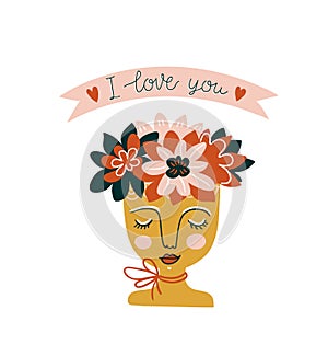 Hand drawn flowers in the ceramic pot with woman face. Vector print design.