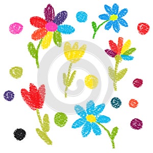 Hand-drawn flowers and dots. White background. Rainbow daisy. Red tulip. For textiles and fabric