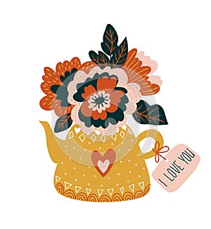 Hand drawn flowers in teapot with tag - `I love you`. Scandinavian style vector illustration, Valentines Day card.