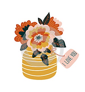 Hand drawn flowers in the vase with tag - `I love you`. Vector print design.