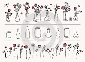 Hand drawn flowers and vases