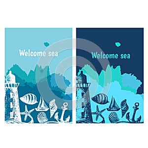 Hand drawn flyers with sings on theme sea. Vector