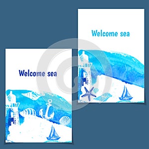 Hand drawn flyers with sings on theme sea. Vector