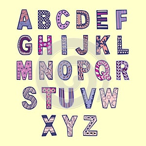 Hand drawn font in doodle style. Vector letters background. Col