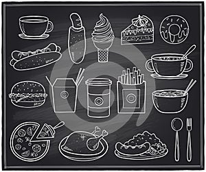 Hand drawn food and drinks graphic symbols on a chalkboard.