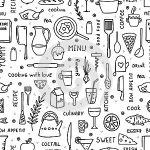 Hand-drawn food and kitchen utensils seamless pattern in doodle style.