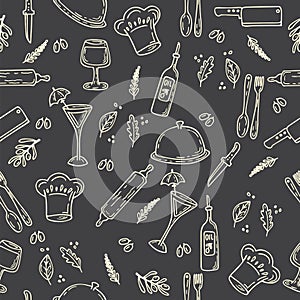 Hand drawn food seamless pattern. Sketch kitchen design elements