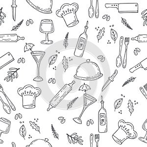 Hand drawn food seamless pattern. Sketch kitchen design elements