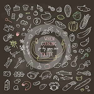 Hand Drawn Food Set, Chalk Icons. Vector illustration, eps10.