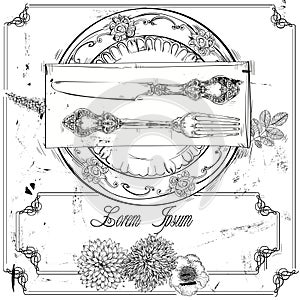 Hand drawn fork, knife and plate