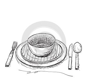 Hand drawn fork, knife and plate