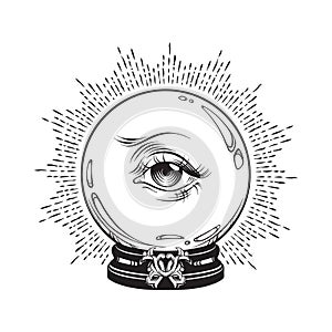 Hand drawn fortune telling magic crystal ball with eye of providence . Boho chic line art tattoo, poster or altar veil print desig