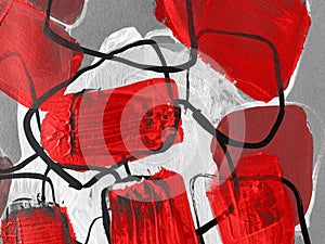 Hand-drawn frame abstract circles on canvas. paint black and red strokes on background. photo