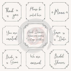 Hand drawn frame doodle. Vintage wedding frame vector design templates. Vintage frame vector clip art with wedding words photo