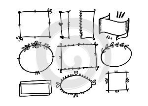 Hand drawn frames and boarders set. Black color vintage style doodle elements.