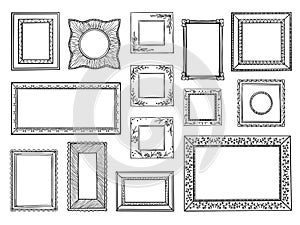 Hand drawn frames. Doodle square and circle boarders, vintage decorative sketch shapes. Vector doodle ornamental