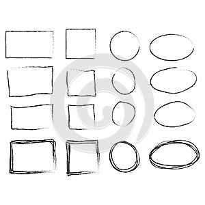 Hand drawn frames set. Cartoon style. Square, rectangle, circle, oval.