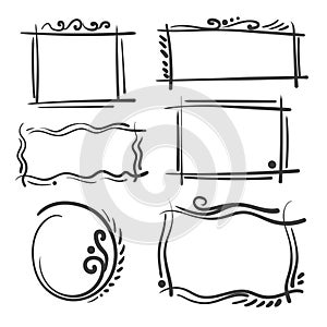 Hand drawn frames set. Cartoon vector square and round borders. Pencil effect shapes .