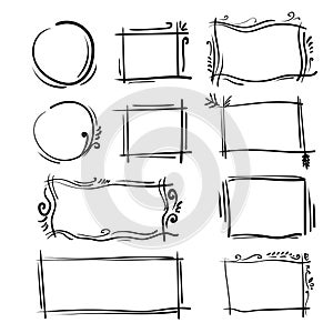 Hand drawn frames set. Cartoon vector square and round borders. Pencil effect shapes