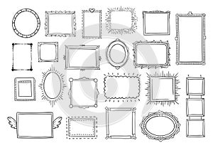 Hand drawn frames. Vintage doodle sketch picture frame. Blank black square cadre sketches painted by hands vector set