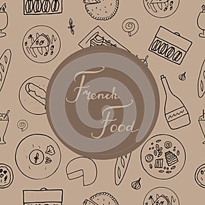 Hand drawn french cuisine seamless pattern.