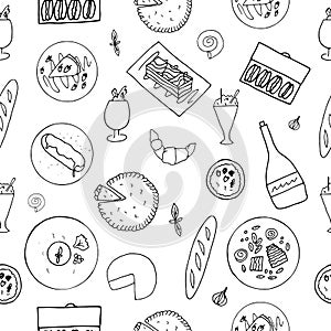 Hand drawn french cuisine seamless pattern.