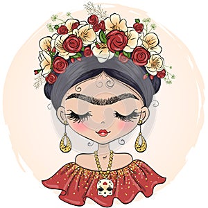 Hand drawn Frida vector illustration portrait, Mexican woman with flower crown. photo