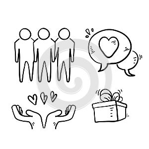 Hand drawn Friendship and love doodle icons. Interaction, Mutual understanding and assistance business. Trust, social