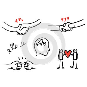 Hand drawn Friendship and Love Vector Line Icons Set. Relationship, Mutual Understanding, Mutual Assistance, Interaction. doodle