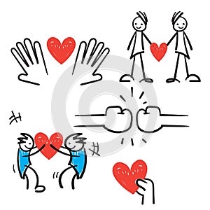 Hand drawn Friendship and Love Vector Line Icons Set. Relationship, Mutual Understanding, Mutual Assistance, Interaction. doodle