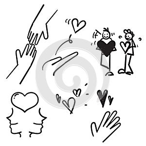 Hand drawn Friendship and Love Vector Line Icons Set. Relationship, Mutual Understanding, Mutual Assistance, Interaction. doodle