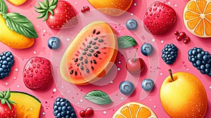 Hand-Drawn Fruit And Berry Flat Vector Illustrations On Pink Background