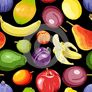 Hand drawn fruits and berries abstract background.