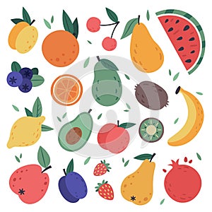 Hand drawn fruits. Doodle harvest, citrus, avocado and apple, natural vegan sweet summer fruits. Tropical organic fruit
