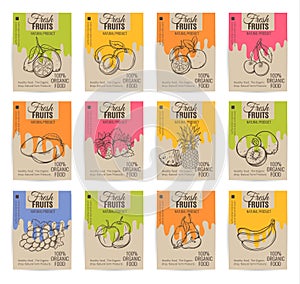 Hand drawn fruits posters set.