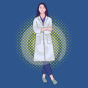 Hand drawn full length of confident female doctor on blue background.