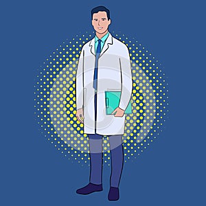 Hand drawn full length of confident male doctor on blue background.l