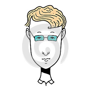 Hand-drawn funny characte, doodle people face, the face of a young man with glasses, vector illustration