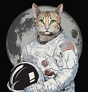 Hand drawn funny hipster cat astronaut vector illustration