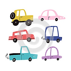 Hand drawn funny motor cars collection isolated on white background