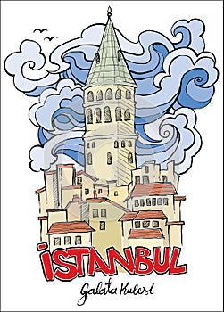 Hand drawn galata tower istanbul