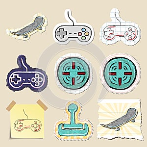 Hand drawn games and relaxation emblems set