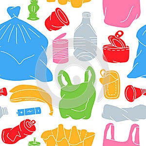 Hand drawn garbage pattern. Unsorted trash background. Background of colored garbage. Plastic, glass, metal, paper photo