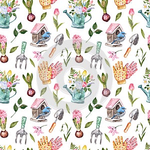 Hand drawn garden elements print. Spring floral illustration. Watercolor gardening seamless pattern