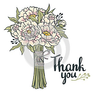 Hand drawn garden floral Thank you card. Hand drawn vintage collage frame with peonies.