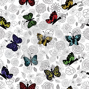 Hand drawn garden flower doodle with colorful rainbow butterflies