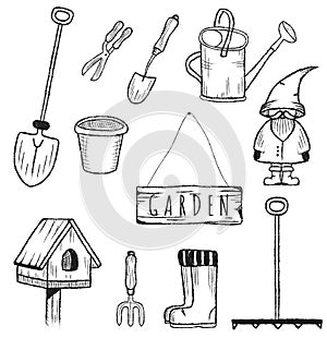 Hand drawn garden set. Isolated vector doodle elements for garden on a white background.