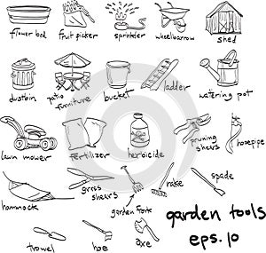 Hand drawn garden tools, doodles